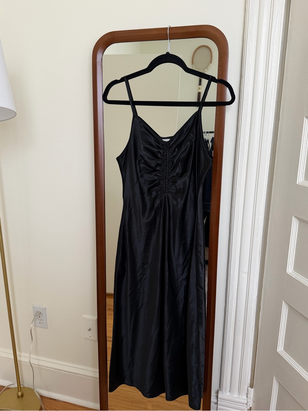 Black Satin Midi Dress with Ruched Front